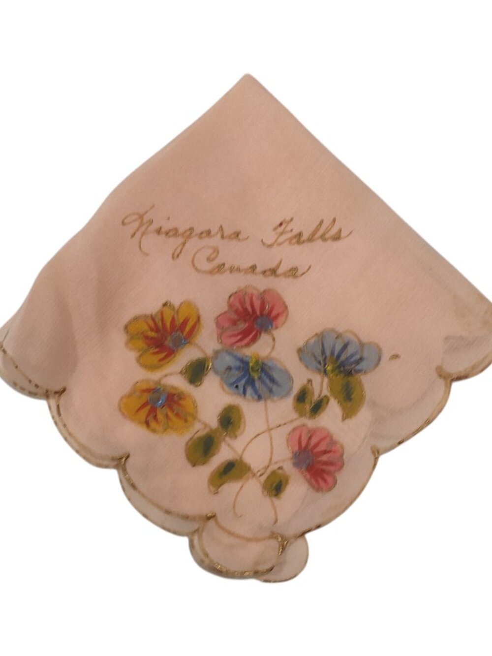 Vintage Niagara Falls Canada Handkerchief Hand Painted Floral (pink yellow blue)